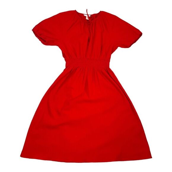 H &M Women Size XS Red Dress Tie Neck Bohemian Short Sleeve Stretch Waist - Picture 11 of 16